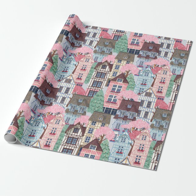 Cute Houses Wrapping Paper (Unrolled)
