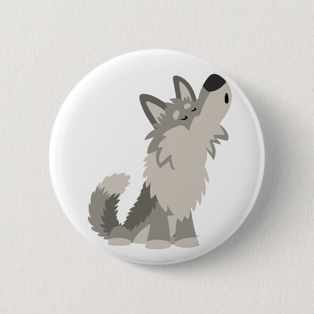 Cute Howling Cartoon Wolf  Button Badge (Front)