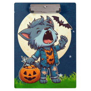 Cute howling werewolf monster with pumpkin clipboard