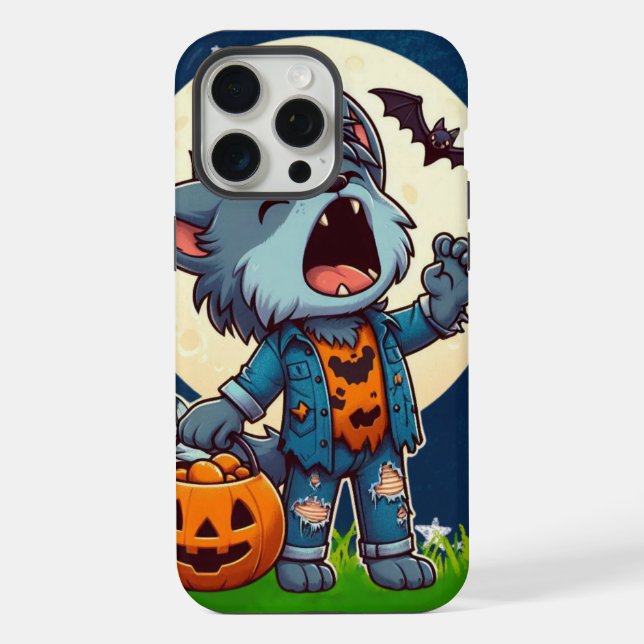 Cute howling werewolf monster with pumpkin iPhone case (Back)