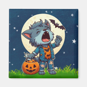 Cute howling werewolf monster with pumpkin magnet