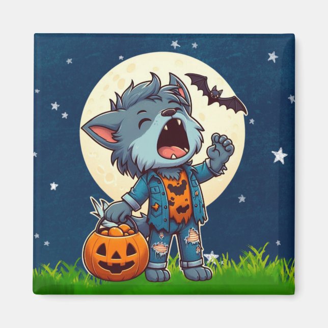 Cute howling werewolf monster with pumpkin magnet (Front)