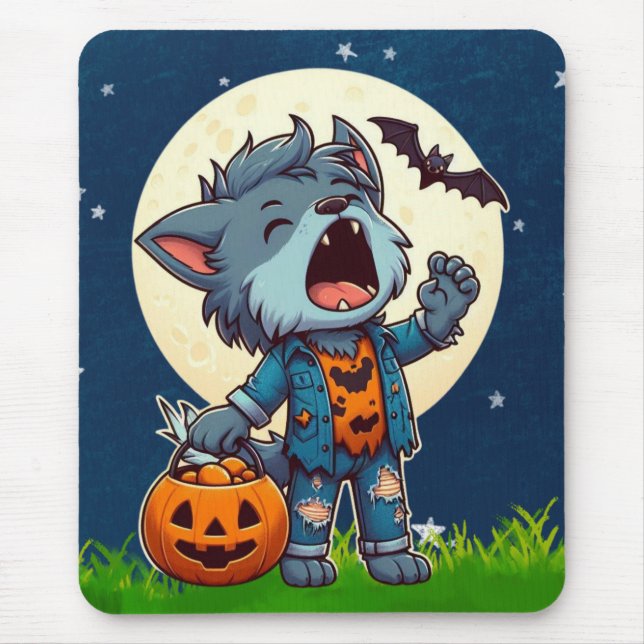 Cute howling werewolf monster with pumpkin mouse mat (Front)