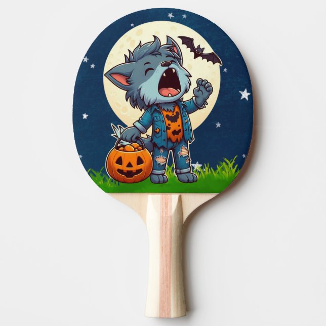 Cute howling werewolf monster with pumpkin ping pong paddle (Front)