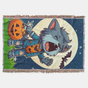 Cute howling werewolf monster with pumpkin throw blanket