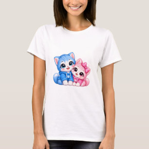 Cute Hugging Cats Women T-Shirt Kawaii Blue Pink