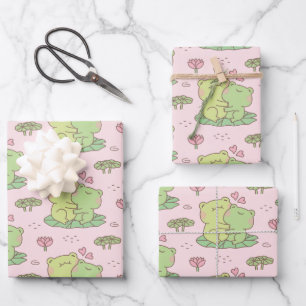 Cute Hugging Frogs In Love Pattern Pink Wrapping Paper Sheet