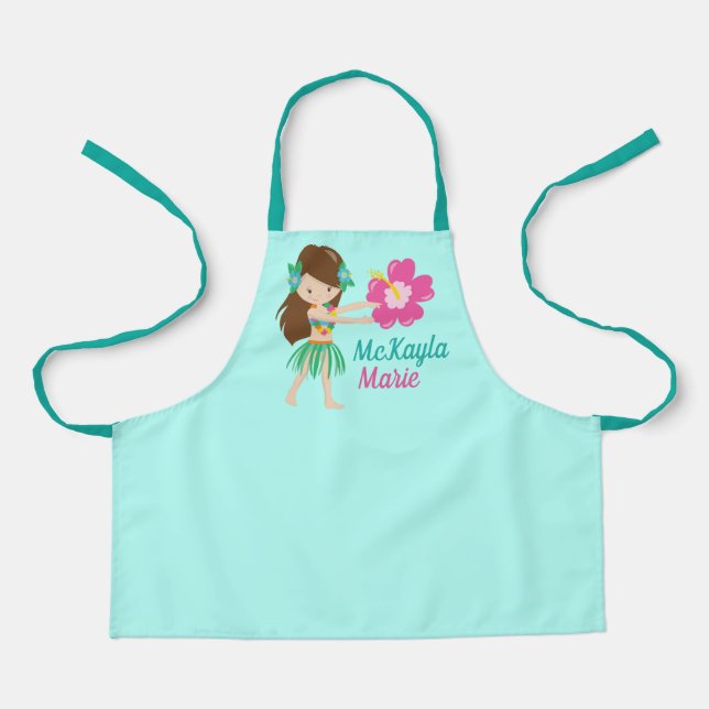 Cute Hula Dancer Hawaiian Girl Teal Monogram Kids Apron (Front)