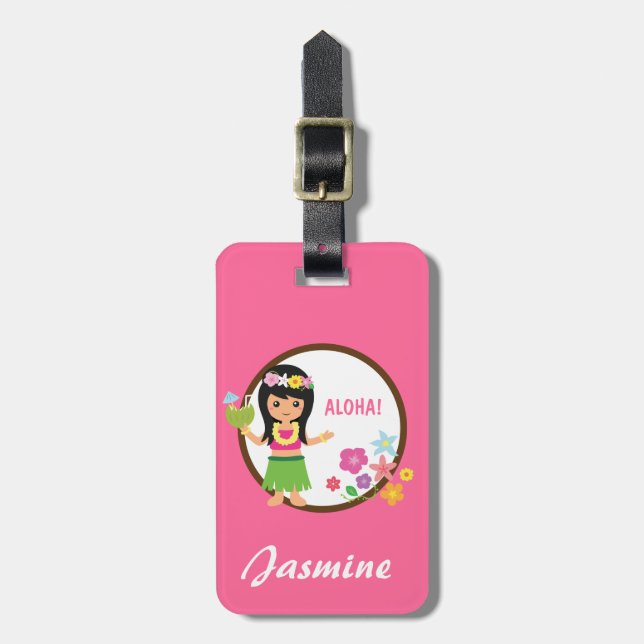 Cute Hula Girl Hawaiian Luau Themed Luggage Tag (Front Vertical)