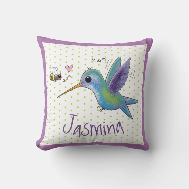 Cute hummingbird and bee cartoon illustration cushion (Front)