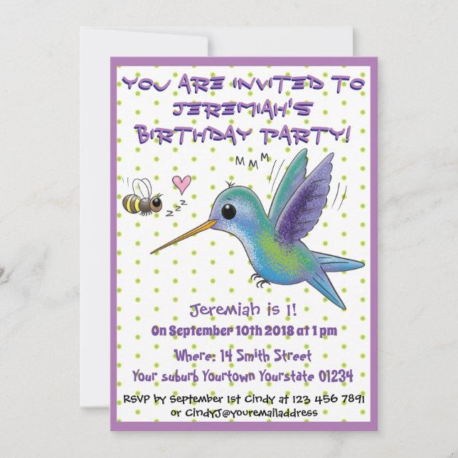 Cute hummingbird and bee cartoon illustration invitation (Front)