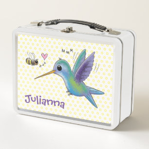 Cute hummingbird and bee cartoon illustration metal lunch box