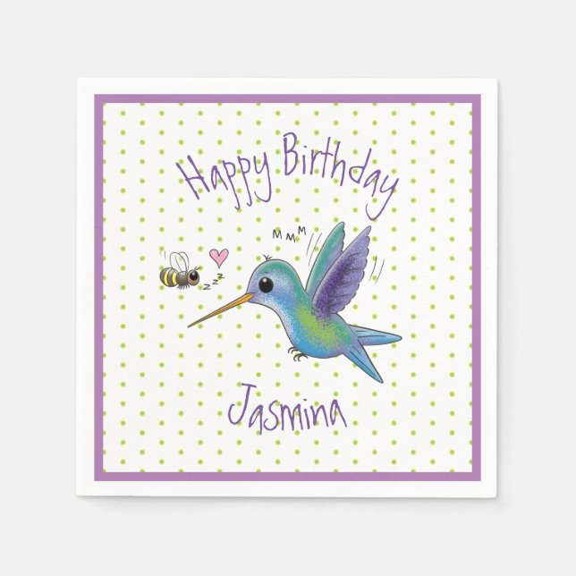 Cute hummingbird and bee cartoon illustration napkin (Front)