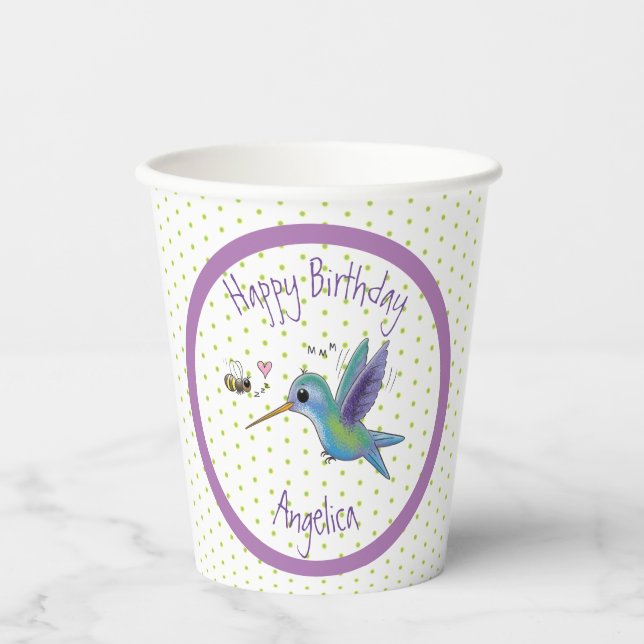 Cute hummingbird and bee cartoon illustration paper cups (Front)