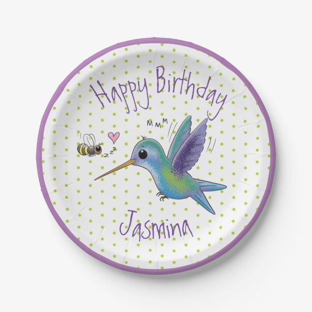 Cute hummingbird and bee cartoon illustration paper plate (Front)