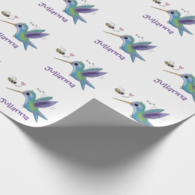 Cute hummingbird and bee cartoon illustration wrapping paper (Corner)