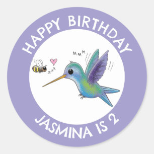 Cute hummingbird and bee cartoon personalised classic round sticker