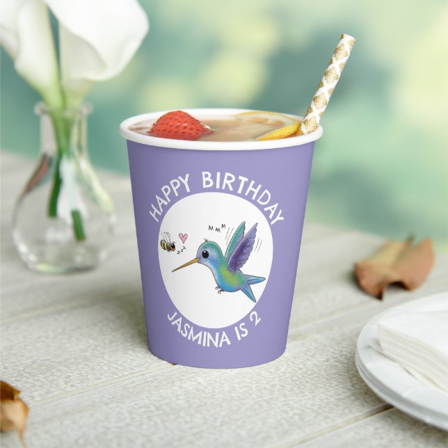 Cute hummingbird and bee cartoon personalised paper cups (Insitu)