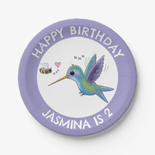 Cute hummingbird and bee cartoon personalised paper plate