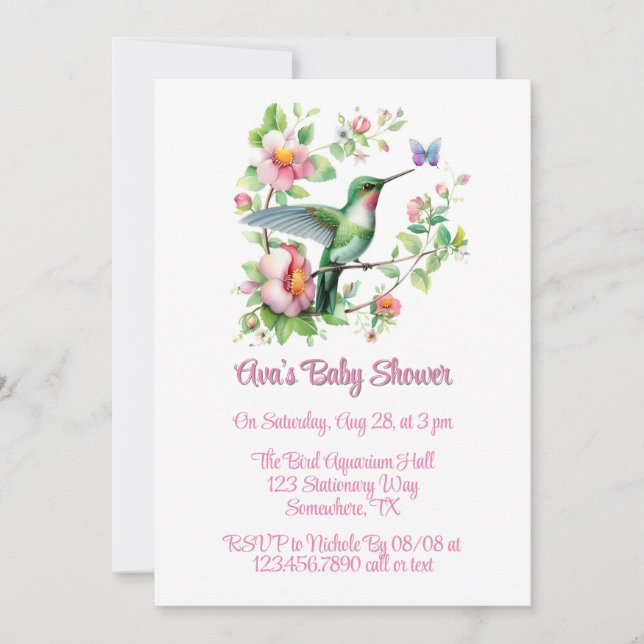 Cute Hummingbird and Butterfly Girl Baby Shower Invitation (Front)
