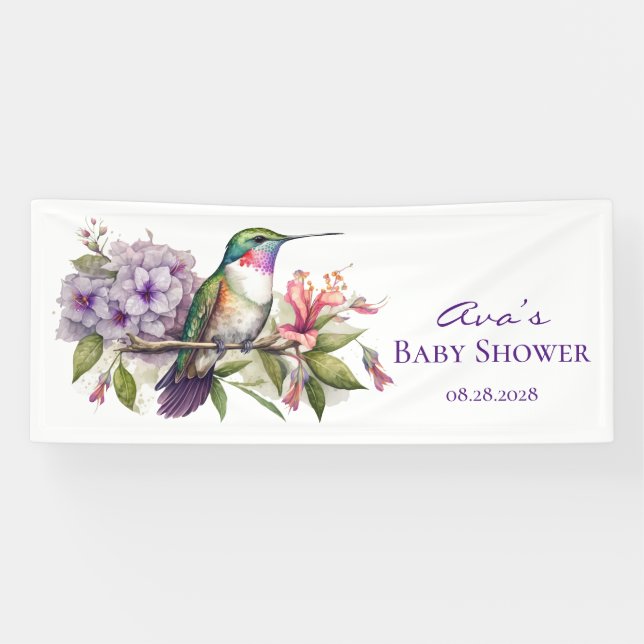 Cute Hummingbird and Florals Girl Baby Shower Banner (Horizontal)