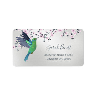Cute Hummingbird Cherry Blossom Green Silver Label