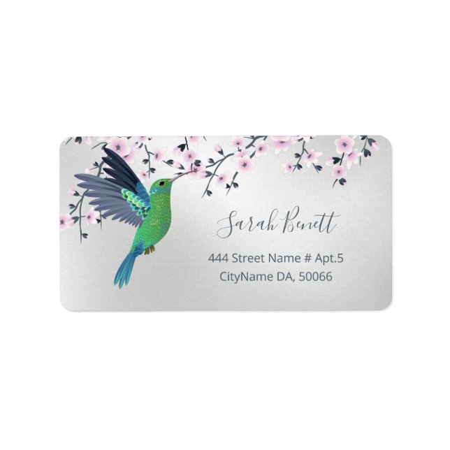 Cute Hummingbird Cherry Blossom Green Silver  Label (Front)