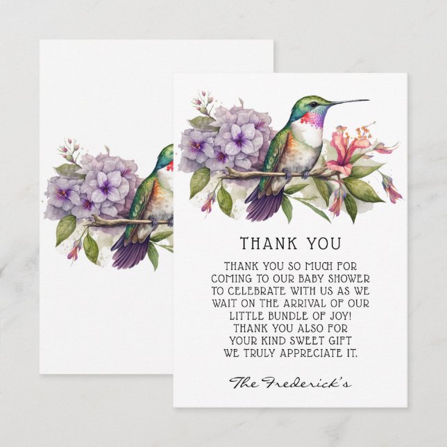 Cute Hummingbird Flora Baby Shower Thank You Cards (Front/Back)