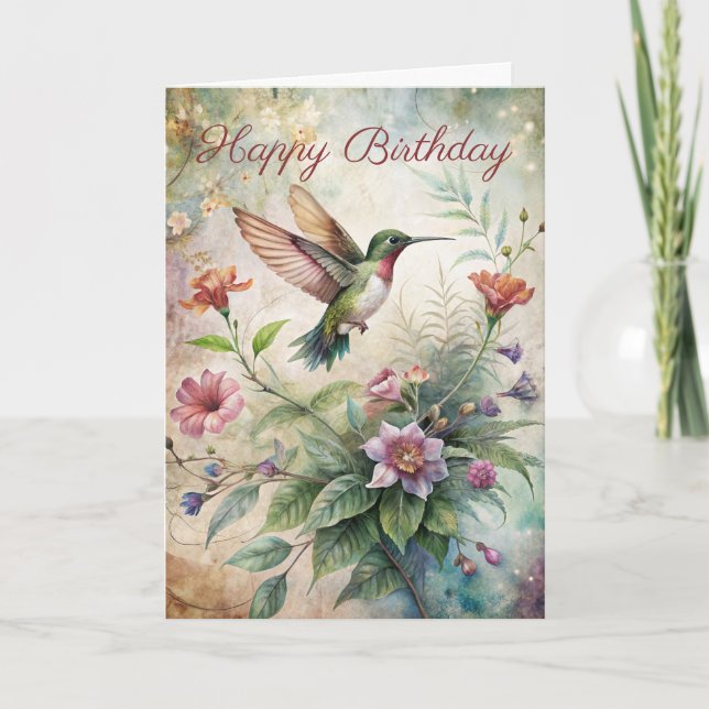 Cute Hummingbird on Flowers Birthday Card (Front)