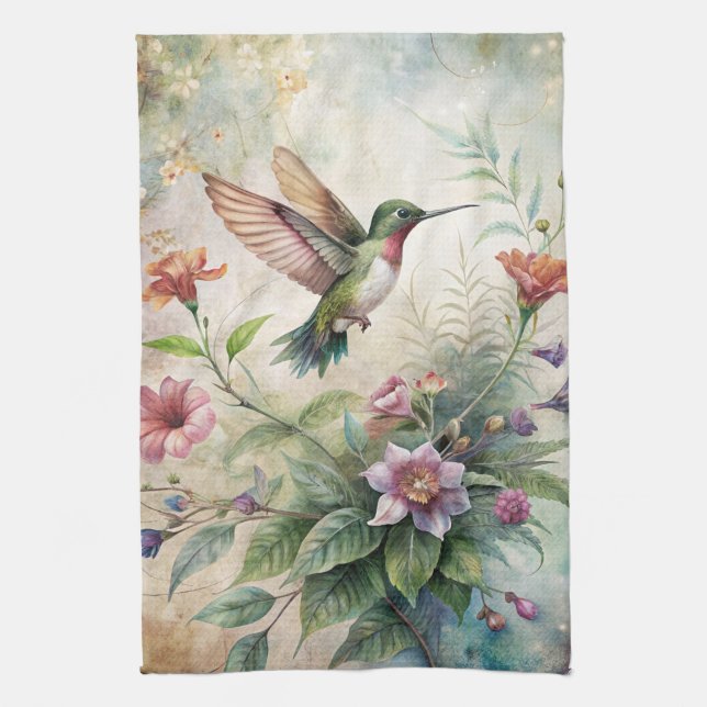 Cute Hummingbird on Flowers Tea Towel (Vertical)