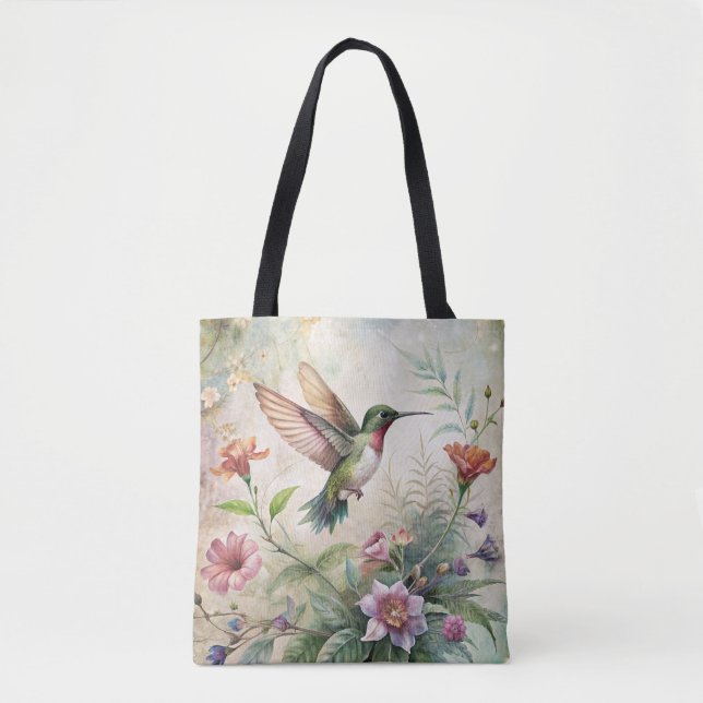 Cute Hummingbird on Flowers Tote Bag (Front)