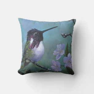 Cute Hummingbird Pillow Blue Flowers branch
