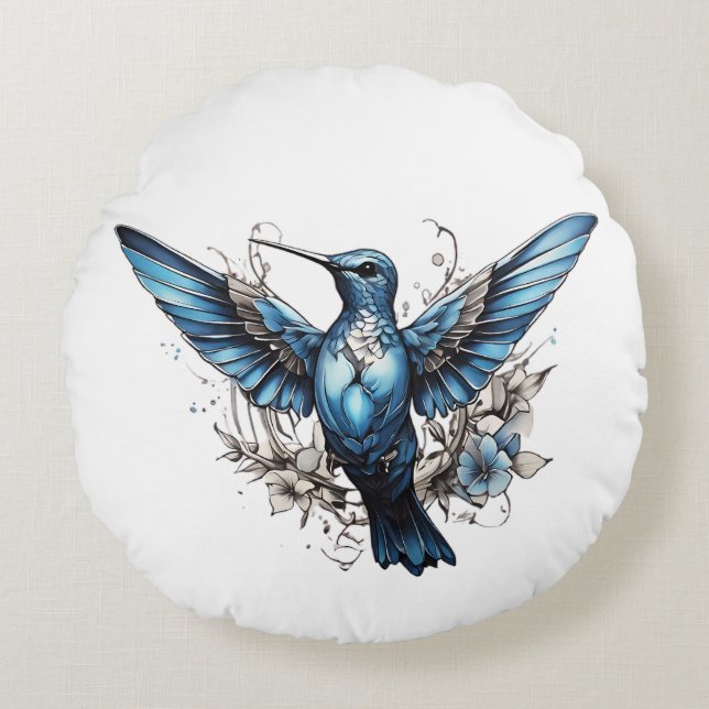 Cute Hummingbird pink & Blue Round Cushion (Front)