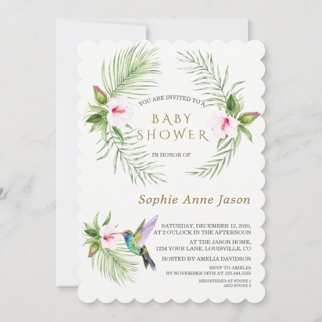 Cute Hummingbird Tropical Flowers Baby Shower Invitation (Front)