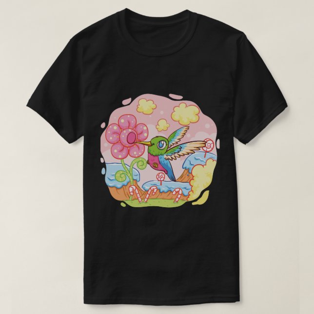 Cute Hummingbird Visiting Candy Land T-Shirt (Design Front)