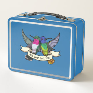 Cute Hummingbirds Add Your Own Text Ribbon Cartoon Metal Lunch Box