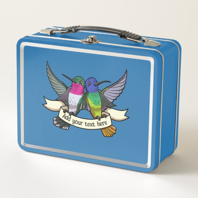 Cute Hummingbirds Add Your Own Text Ribbon Cartoon Metal Lunch Box (Front)