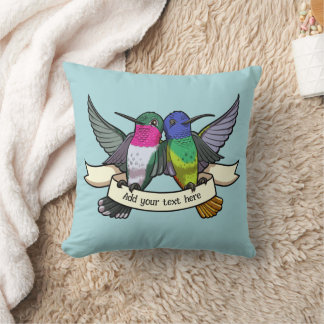 Cute Hummingbirds Custom Text Ribbon Birds Artwork Cushion