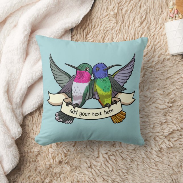 Cute Hummingbirds Custom Text Ribbon Birds Artwork Cushion (Blanket)