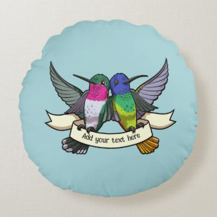 Cute Hummingbirds Custom Text Ribbon Birds Artwork Round Cushion