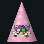 Cute Hummingbirds Happy Birthday! Ribbon Cartoon Party Hat<br><div class="desc">Happy hummingbirds on birthday party paper hats. Use "Personalise this template" to change the "Happy Birthday!" text and create a unique, customised party accessory. Dress up your birthday party with these hats, featuring two colourful hummingbird friends carrying a ribbon with a birthday message. Based on the Golden-tailed Sapphire and Broad-tailed...</div>