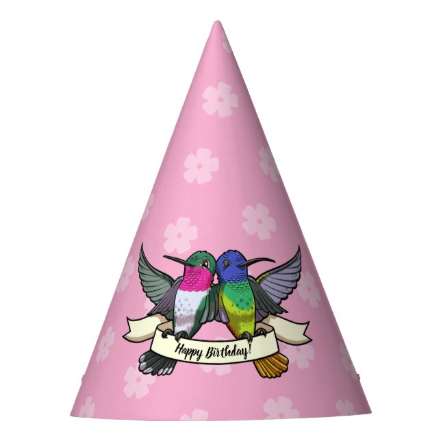 Cute Hummingbirds Happy Birthday! Ribbon Cartoon Party Hat (Front)