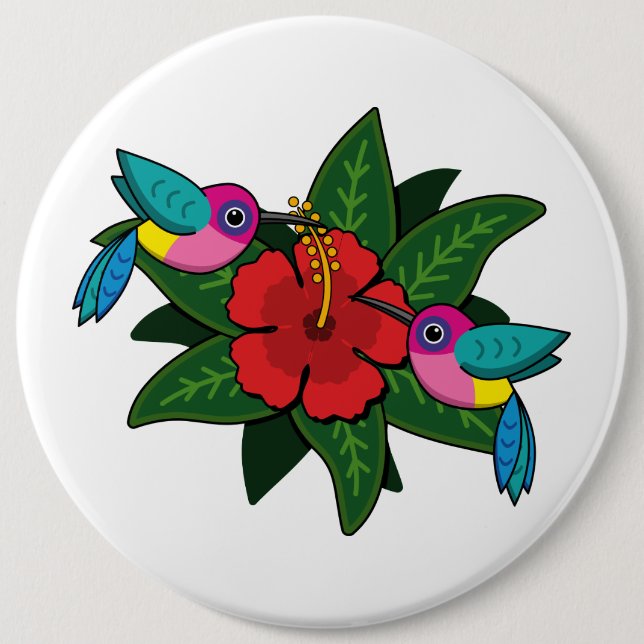 Cute Hummingbirds on Hibiscus Flower Cartoon - W 6 Cm Round Badge (Front)