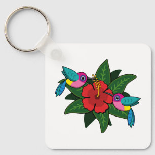 Cute Hummingbirds on Hibiscus Flower Cartoon - W Key Ring