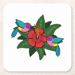 Cute Hummingbirds on Hibiscus Flower Cartoon - W Square Paper Coaster