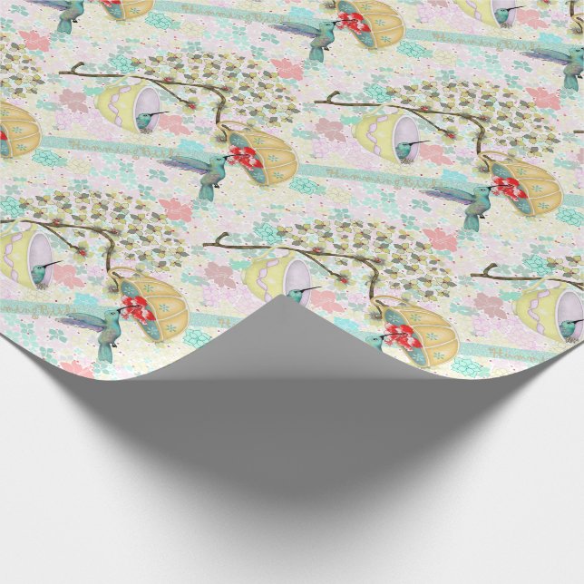 Cute Hummingbirds Teacup Floral Garden Wrapping Paper (Corner)