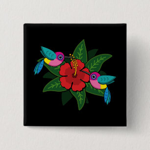Cute Hummingsbirds on Hibiscus Flower Cartoon 15 Cm Square Badge