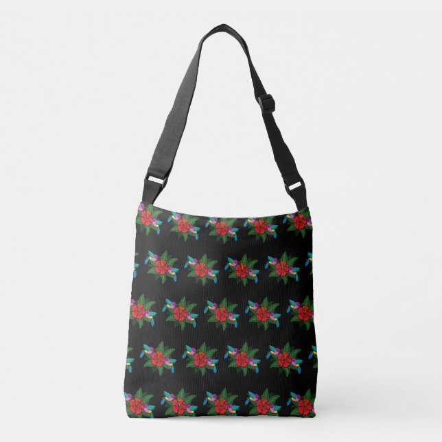 Cute Hummingsbirds on Hibiscus Flower Cartoon Crossbody Bag (Front)