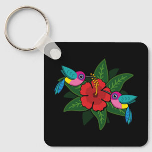 Cute Hummingsbirds on Hibiscus Flower Cartoon Key Ring