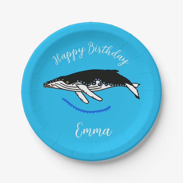 Cute Humpback WHALE - Happy Birthday - Blue party Paper Plate (Front)